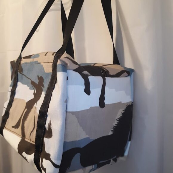 New Mini Duffle Travel Tote Shoulder Bag Western Cowboy Rodeo Horses Brown Blue - Picture 4 of 9